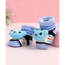 Cute Walk by Babyhug Fabric Ankle Length Socks Shoes with Alphabet Design & Bear Applique- Blue & Black