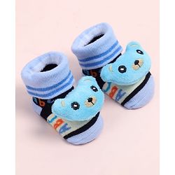 Cute Walk by Babyhug Fabric Ankle Length Socks Shoes with Alphabet Design & Bear Applique- Blue & Black