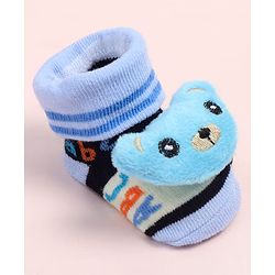 Cute Walk by Babyhug Fabric Ankle Length Socks Shoes with Alphabet Design & Bear Applique- Blue & Black