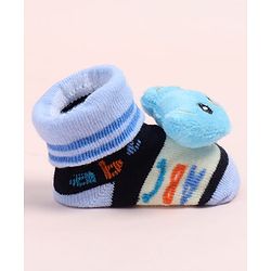 Cute Walk by Babyhug Fabric Ankle Length Socks Shoes with Alphabet Design & Bear Applique- Blue & Black