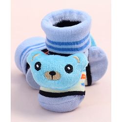 Cute Walk by Babyhug Fabric Ankle Length Socks Shoes with Alphabet Design & Bear Applique- Blue & Black