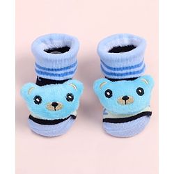 Cute Walk by Babyhug Fabric Ankle Length Socks Shoes with Alphabet Design & Bear Applique- Blue & Black