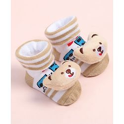 Cute Walk by Babyhug Fabric Ankle Length Socks Shoes with Train Design & Bear Applique- Beige