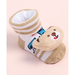Cute Walk by Babyhug Fabric Ankle Length Socks Shoes with Train Design & Bear Applique- Beige