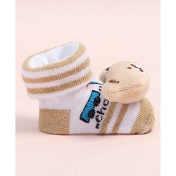 Cute Walk by Babyhug Fabric Ankle Length Socks Shoes with Train Design & Bear Applique- Beige