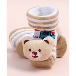 Cute Walk by Babyhug Fabric Ankle Length Socks Shoes with Train Design & Bear Applique- Beige