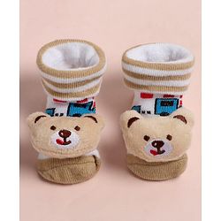 Cute Walk by Babyhug Fabric Ankle Length Socks Shoes with Train Design & Bear Applique- Beige