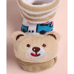Cute Walk by Babyhug Fabric Ankle Length Socks Shoes with Train Design & Bear Applique- Beige