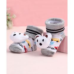 Cute Walk by Babyhug Fabric Ankle Length Socks Shoes with Car Design & Bear Applique- White