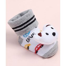 Cute Walk by Babyhug Fabric Ankle Length Socks Shoes with Car Design & Bear Applique- White