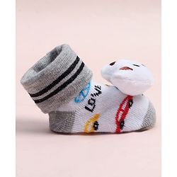 Cute Walk by Babyhug Fabric Ankle Length Socks Shoes with Car Design & Bear Applique- White