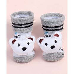 Cute Walk by Babyhug Fabric Ankle Length Socks Shoes with Car Design & Bear Applique- White