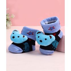 Cute Walk by Babyhug Fabric Ankle Length Socks Shoes with Animal Design &  Applique- Blue & Black