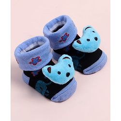 Cute Walk by Babyhug Fabric Ankle Length Socks Shoes with Animal Design &  Applique- Blue & Black
