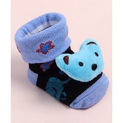 Cute Walk by Babyhug Fabric Ankle Length Socks Shoes with Animal Design &  Applique- Blue & Black