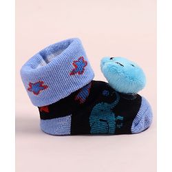 Cute Walk by Babyhug Fabric Ankle Length Socks Shoes with Animal Design &  Applique- Blue & Black