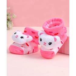 Cute Walk by Babyhug Fabric Ankle Length Socks Shoes with Heart Design & Bear Applique- Pink