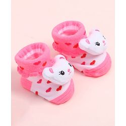 Cute Walk by Babyhug Fabric Ankle Length Socks Shoes with Heart Design & Bear Applique- Pink