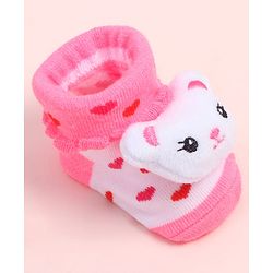 Cute Walk by Babyhug Fabric Ankle Length Socks Shoes with Heart Design & Bear Applique- Pink
