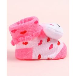 Cute Walk by Babyhug Fabric Ankle Length Socks Shoes with Heart Design & Bear Applique- Pink
