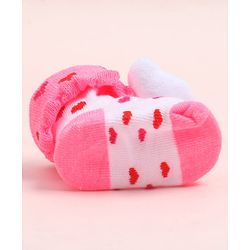 Cute Walk by Babyhug Fabric Ankle Length Socks Shoes with Heart Design & Bear Applique- Pink