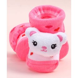 Cute Walk by Babyhug Fabric Ankle Length Socks Shoes with Heart Design & Bear Applique- Pink