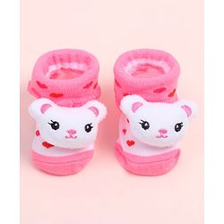 Cute Walk by Babyhug Fabric Ankle Length Socks Shoes with Heart Design & Bear Applique- Pink