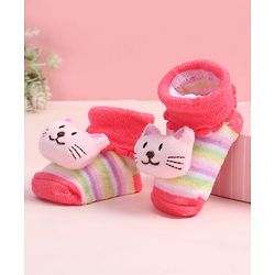 Cute Walk by Babyhug Fabric Ankle Length Socks Shoes with Striped Design & Kitten Applique- Pink