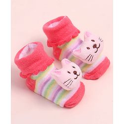 Cute Walk by Babyhug Fabric Ankle Length Socks Shoes with Striped Design & Kitten Applique- Pink