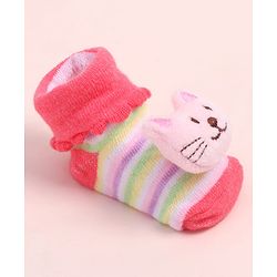 Cute Walk by Babyhug Fabric Ankle Length Socks Shoes with Striped Design & Kitten Applique- Pink