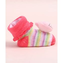 Cute Walk by Babyhug Fabric Ankle Length Socks Shoes with Striped Design & Kitten Applique- Pink