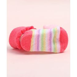 Cute Walk by Babyhug Fabric Ankle Length Socks Shoes with Striped Design & Kitten Applique- Pink