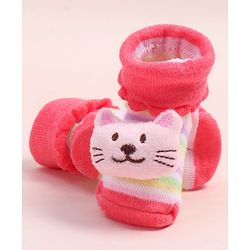 Cute Walk by Babyhug Fabric Ankle Length Socks Shoes with Striped Design & Kitten Applique- Pink