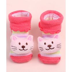 Cute Walk by Babyhug Fabric Ankle Length Socks Shoes with Striped Design & Kitten Applique- Pink