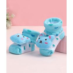 Cute Walk by Babyhug Fabric Ankle Length Socks Shoes with Polka Dots Design & Bear Applique- Light Blue