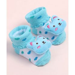 Cute Walk by Babyhug Fabric Ankle Length Socks Shoes with Polka Dots Design & Bear Applique- Light Blue