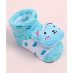 Cute Walk by Babyhug Fabric Ankle Length Socks Shoes with Polka Dots Design & Bear Applique- Light Blue