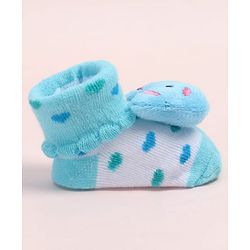 Cute Walk by Babyhug Fabric Ankle Length Socks Shoes with Polka Dots Design & Bear Applique- Light Blue