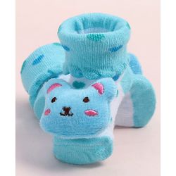 Cute Walk by Babyhug Fabric Ankle Length Socks Shoes with Polka Dots Design & Bear Applique- Light Blue