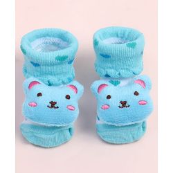 Cute Walk by Babyhug Fabric Ankle Length Socks Shoes with Polka Dots Design & Bear Applique- Light Blue