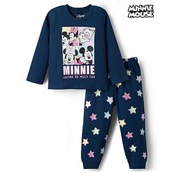 Babyhug Disney Single Jersey Knit Full Sleeves T-Shirt & Pyjama Night Suit With Minnie Mouse Graphics - Navy Blue