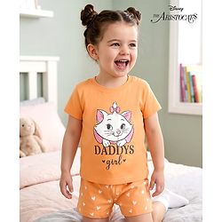Babyhug Disney Half Sleeves T-Shirt & Shorts Night-Suit With Marie Graphics - Orange