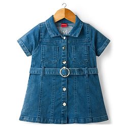 Babyhug Twill Woven One Piece Dress with Collar Neck and Short Sleeves Blue 6-9 Months