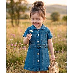Babyhug Twill Woven One Piece Dress with Collar Neck and Short Sleeves Blue 6-9 Months