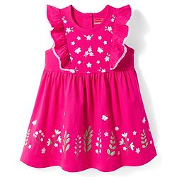 Babyhug Single Jersey Knit Frill Sleeves Frock with Floral Print - Pink