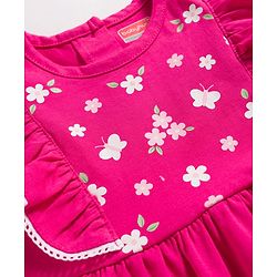 Babyhug Single Jersey Knit Frill Sleeves Frock with Floral Print - Pink
