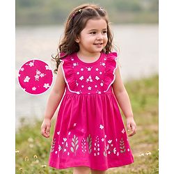 Babyhug Single Jersey Knit Frill Sleeves Frock with Floral Print - Pink