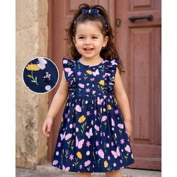 Babyhug 100% Cotton Single Jersey Knit Frill Sleeves One Piece Frock & Headband With Floral Print - Navy Blue