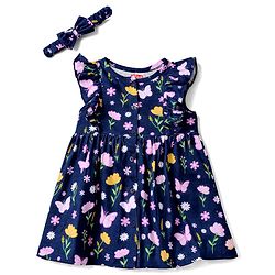 Babyhug 100% Cotton Single Jersey Knit Frill Sleeves One Piece Frock & Headband With Floral Print - Navy Blue
