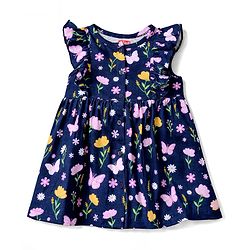 Babyhug 100% Cotton Single Jersey Knit Frill Sleeves One Piece Frock & Headband With Floral Print - Navy Blue